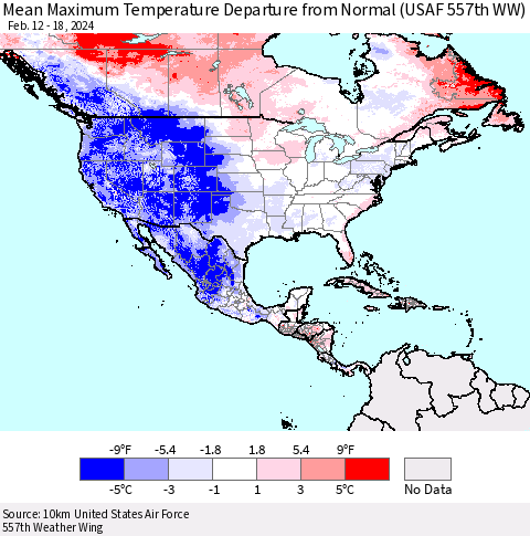 North America Mean Maximum Temperature Departure from Normal (USAF 557th WW) Thematic Map For 2/12/2024 - 2/18/2024