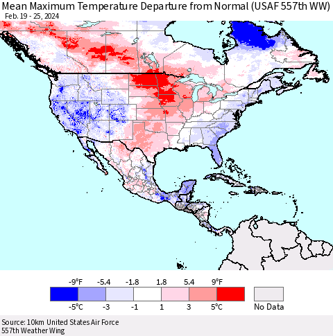 North America Mean Maximum Temperature Departure from Normal (USAF 557th WW) Thematic Map For 2/19/2024 - 2/25/2024