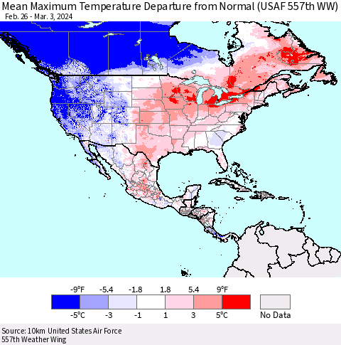 North America Mean Maximum Temperature Departure from Normal (USAF 557th WW) Thematic Map For 2/26/2024 - 3/3/2024