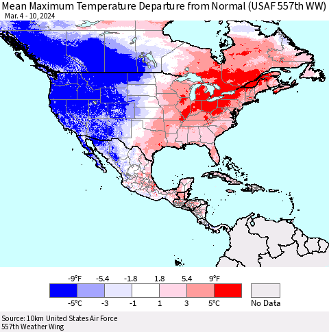 North America Mean Maximum Temperature Departure from Normal (USAF 557th WW) Thematic Map For 3/4/2024 - 3/10/2024