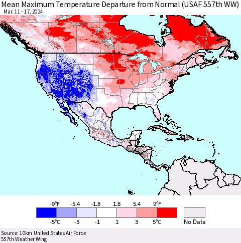 North America Mean Maximum Temperature Departure from Normal (USAF 557th WW) Thematic Map For 3/11/2024 - 3/17/2024