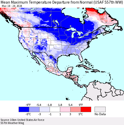 North America Mean Maximum Temperature Departure from Normal (USAF 557th WW) Thematic Map For 3/18/2024 - 3/24/2024