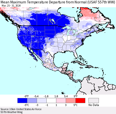 North America Mean Maximum Temperature Departure from Normal (USAF 557th WW) Thematic Map For 3/25/2024 - 3/31/2024