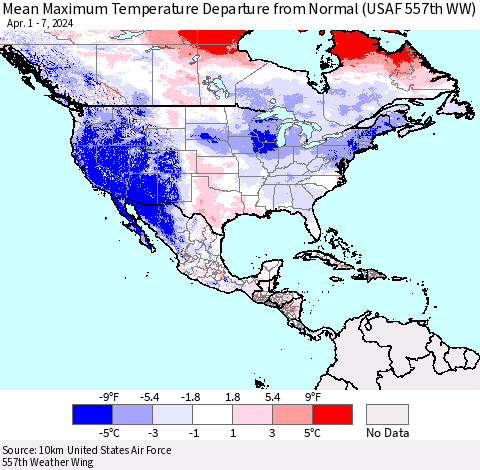North America Mean Maximum Temperature Departure from Normal (USAF 557th WW) Thematic Map For 4/1/2024 - 4/7/2024