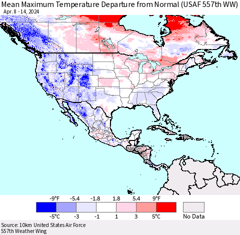 North America Mean Maximum Temperature Departure from Normal (USAF 557th WW) Thematic Map For 4/8/2024 - 4/14/2024