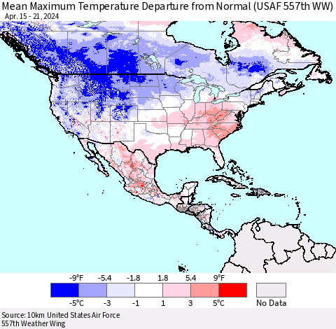 North America Mean Maximum Temperature Departure from Normal (USAF 557th WW) Thematic Map For 4/15/2024 - 4/21/2024
