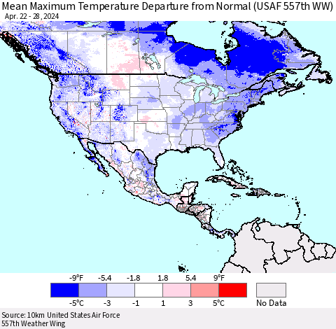 North America Mean Maximum Temperature Departure from Normal (USAF 557th WW) Thematic Map For 4/22/2024 - 4/28/2024