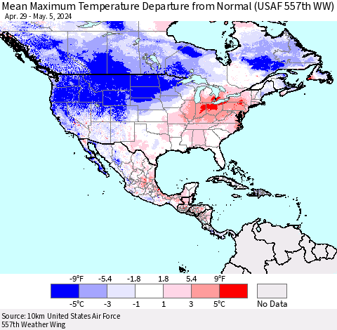 North America Mean Maximum Temperature Departure from Normal (USAF 557th WW) Thematic Map For 4/29/2024 - 5/5/2024