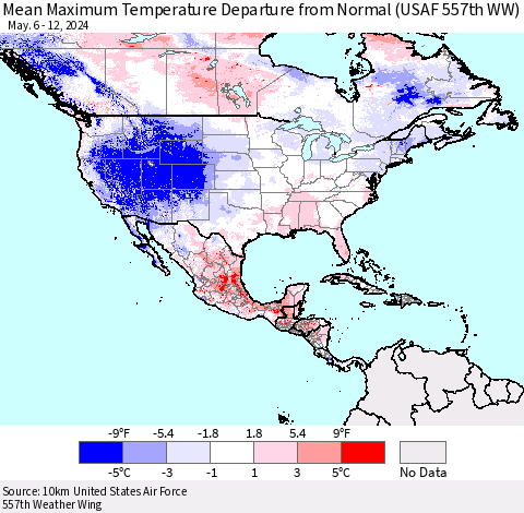 North America Mean Maximum Temperature Departure from Normal (USAF 557th WW) Thematic Map For 5/6/2024 - 5/12/2024