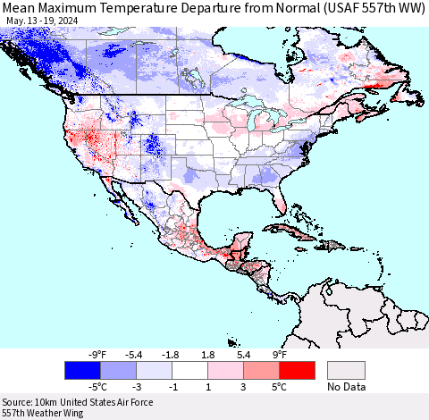 North America Mean Maximum Temperature Departure from Normal (USAF 557th WW) Thematic Map For 5/13/2024 - 5/19/2024