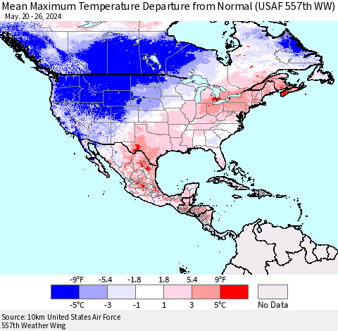 North America Mean Maximum Temperature Departure from Normal (USAF 557th WW) Thematic Map For 5/20/2024 - 5/26/2024