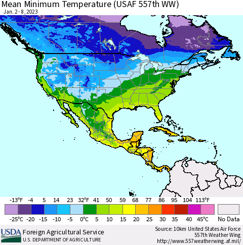 North America Mean Minimum Temperature (USAF 557th WW) Thematic Map For 1/2/2023 - 1/8/2023