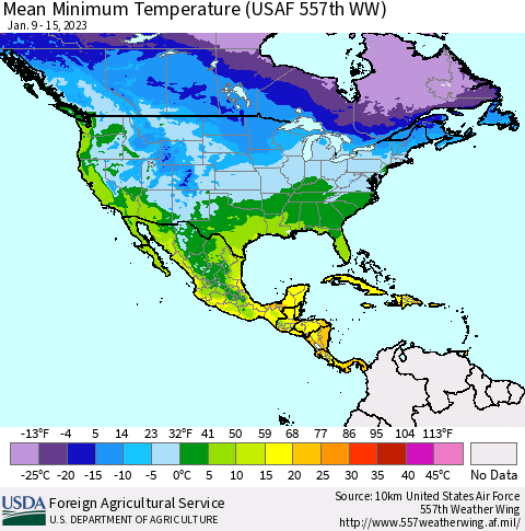North America Mean Minimum Temperature (USAF 557th WW) Thematic Map For 1/9/2023 - 1/15/2023