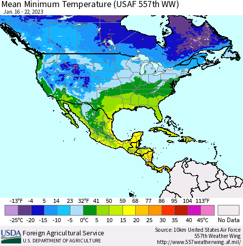 North America Mean Minimum Temperature (USAF 557th WW) Thematic Map For 1/16/2023 - 1/22/2023