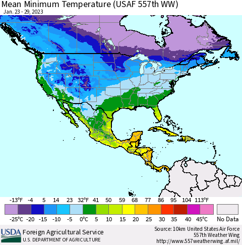 North America Mean Minimum Temperature (USAF 557th WW) Thematic Map For 1/23/2023 - 1/29/2023