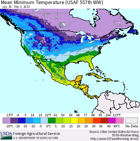 North America Mean Minimum Temperature (USAF 557th WW) Thematic Map For 1/30/2023 - 2/5/2023