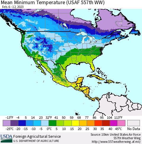 North America Mean Minimum Temperature (USAF 557th WW) Thematic Map For 2/6/2023 - 2/12/2023