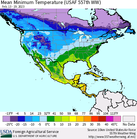 North America Mean Minimum Temperature (USAF 557th WW) Thematic Map For 2/13/2023 - 2/19/2023