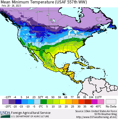 North America Mean Minimum Temperature (USAF 557th WW) Thematic Map For 2/20/2023 - 2/26/2023