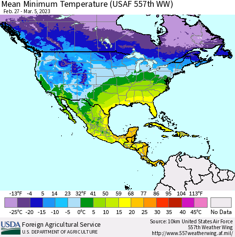 North America Mean Minimum Temperature (USAF 557th WW) Thematic Map For 2/27/2023 - 3/5/2023