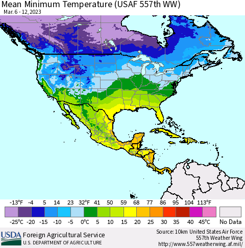 North America Mean Minimum Temperature (USAF 557th WW) Thematic Map For 3/6/2023 - 3/12/2023