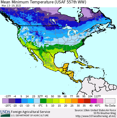 North America Mean Minimum Temperature (USAF 557th WW) Thematic Map For 3/13/2023 - 3/19/2023