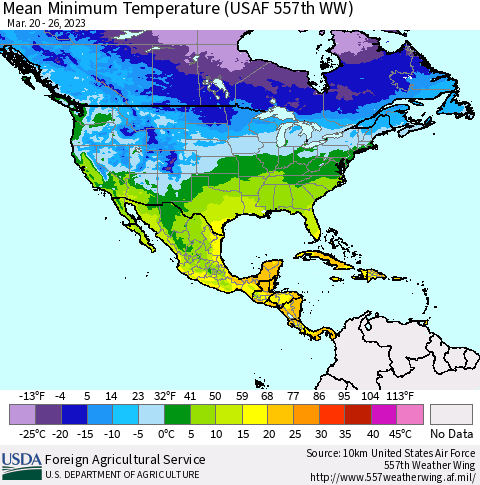 North America Mean Minimum Temperature (USAF 557th WW) Thematic Map For 3/20/2023 - 3/26/2023