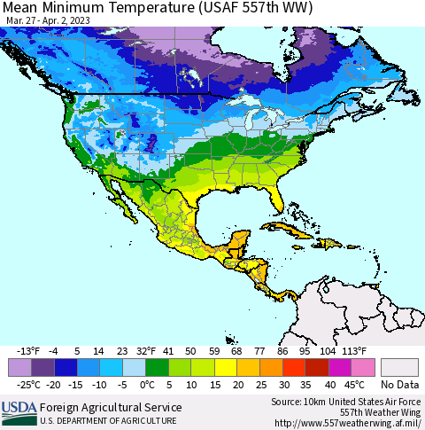 North America Mean Minimum Temperature (USAF 557th WW) Thematic Map For 3/27/2023 - 4/2/2023