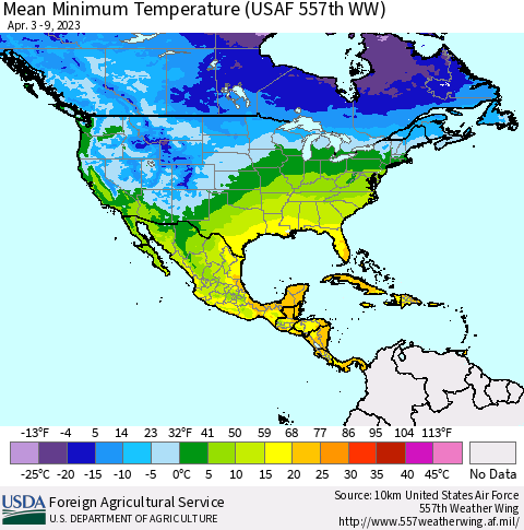 North America Mean Minimum Temperature (USAF 557th WW) Thematic Map For 4/3/2023 - 4/9/2023