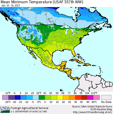 North America Mean Minimum Temperature (USAF 557th WW) Thematic Map For 4/10/2023 - 4/16/2023