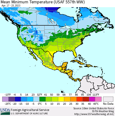 North America Mean Minimum Temperature (USAF 557th WW) Thematic Map For 4/17/2023 - 4/23/2023