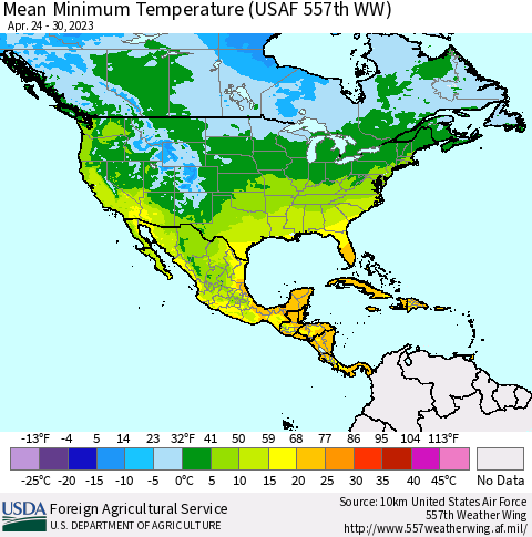 North America Mean Minimum Temperature (USAF 557th WW) Thematic Map For 4/24/2023 - 4/30/2023