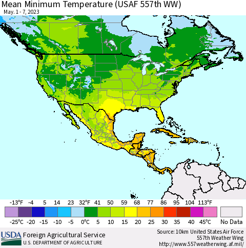 North America Mean Minimum Temperature (USAF 557th WW) Thematic Map For 5/1/2023 - 5/7/2023