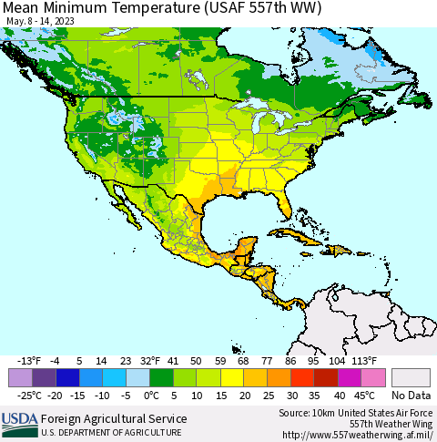 North America Mean Minimum Temperature (USAF 557th WW) Thematic Map For 5/8/2023 - 5/14/2023