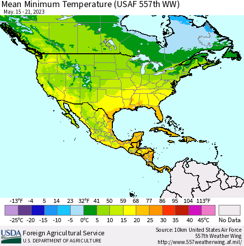 North America Mean Minimum Temperature (USAF 557th WW) Thematic Map For 5/15/2023 - 5/21/2023