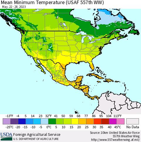 North America Mean Minimum Temperature (USAF 557th WW) Thematic Map For 5/22/2023 - 5/28/2023