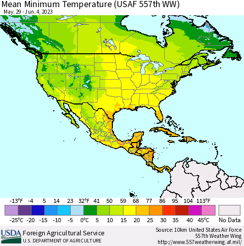 North America Mean Minimum Temperature (USAF 557th WW) Thematic Map For 5/29/2023 - 6/4/2023
