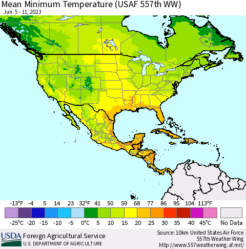 North America Mean Minimum Temperature (USAF 557th WW) Thematic Map For 6/5/2023 - 6/11/2023