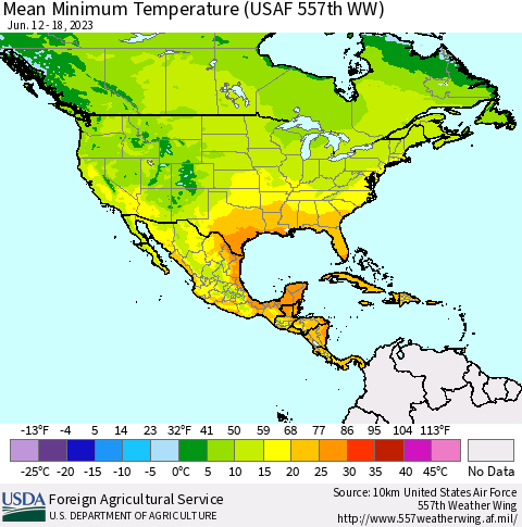 North America Mean Minimum Temperature (USAF 557th WW) Thematic Map For 6/12/2023 - 6/18/2023