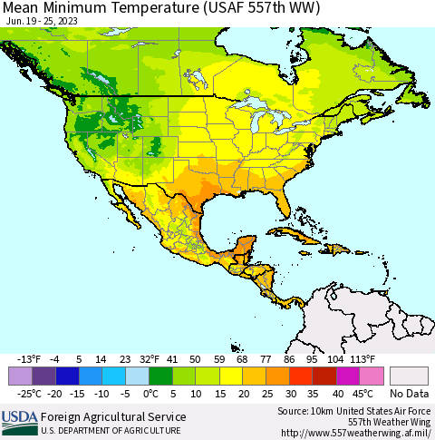 North America Mean Minimum Temperature (USAF 557th WW) Thematic Map For 6/19/2023 - 6/25/2023
