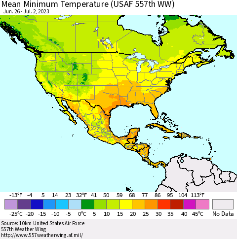 North America Mean Minimum Temperature (USAF 557th WW) Thematic Map For 6/26/2023 - 7/2/2023