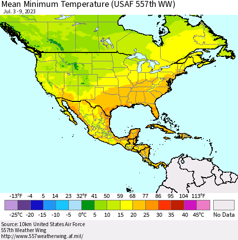 North America Mean Minimum Temperature (USAF 557th WW) Thematic Map For 7/3/2023 - 7/9/2023