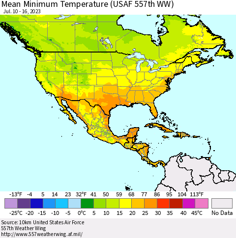 North America Mean Minimum Temperature (USAF 557th WW) Thematic Map For 7/10/2023 - 7/16/2023