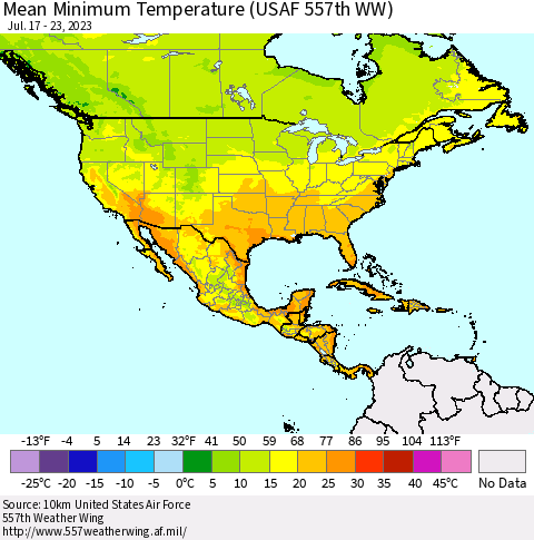 North America Mean Minimum Temperature (USAF 557th WW) Thematic Map For 7/17/2023 - 7/23/2023