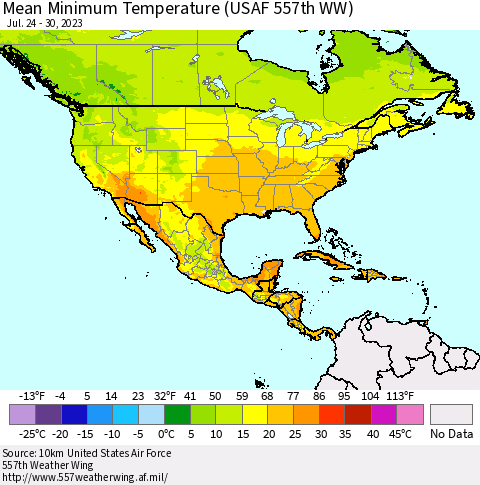 North America Mean Minimum Temperature (USAF 557th WW) Thematic Map For 7/24/2023 - 7/30/2023