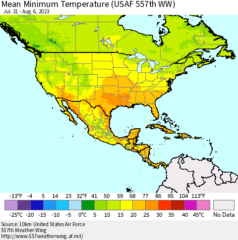 North America Mean Minimum Temperature (USAF 557th WW) Thematic Map For 7/31/2023 - 8/6/2023
