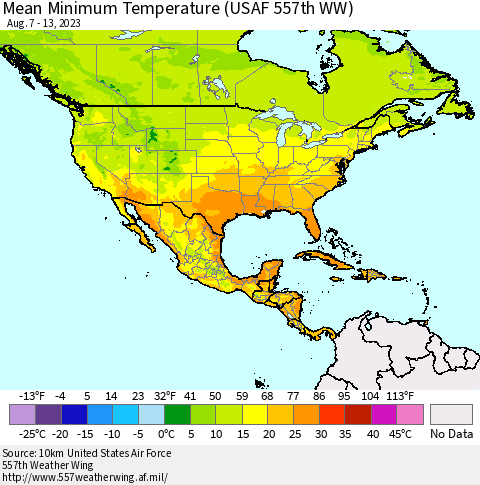 North America Mean Minimum Temperature (USAF 557th WW) Thematic Map For 8/7/2023 - 8/13/2023