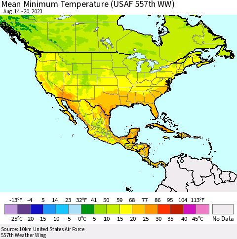 North America Mean Minimum Temperature (USAF 557th WW) Thematic Map For 8/14/2023 - 8/20/2023