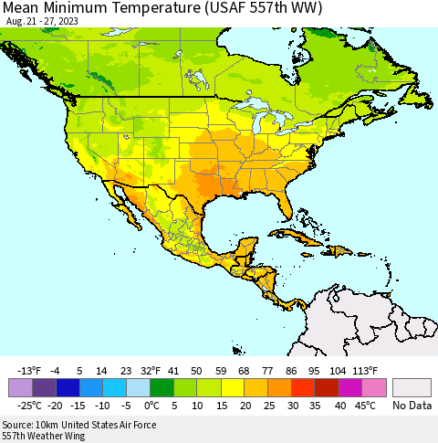 North America Mean Minimum Temperature (USAF 557th WW) Thematic Map For 8/21/2023 - 8/27/2023