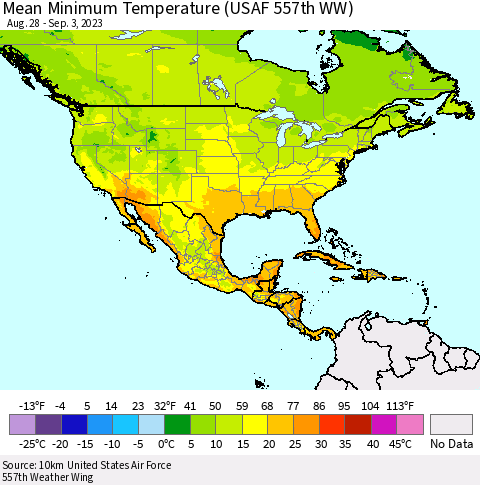 North America Mean Minimum Temperature (USAF 557th WW) Thematic Map For 8/28/2023 - 9/3/2023